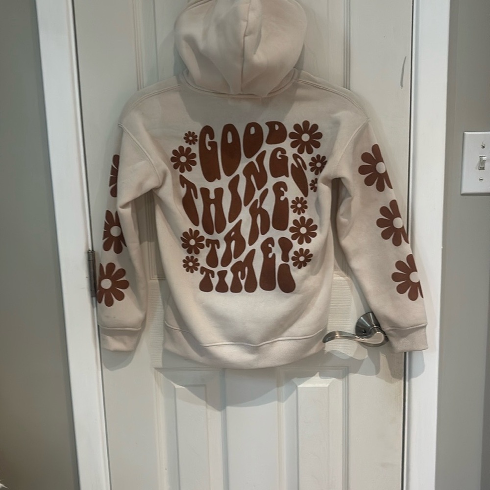 Cream and Brown Zip-Up Sweatshirt with Embellished Sleeves